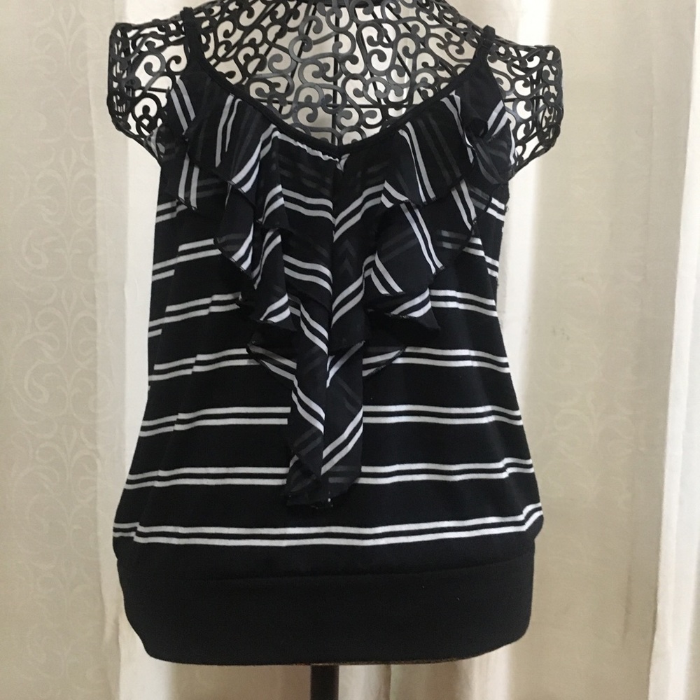 French Laundry Black and White Striped Ruffle Tank Top